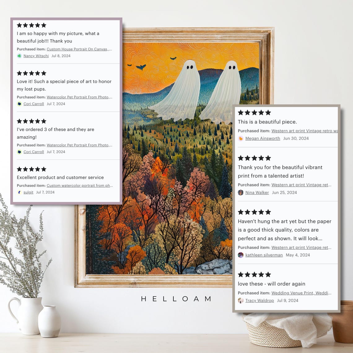 Two White Ghosts Autumn Valley Bats Spooky Cute Halloween Wall Art - Image 4