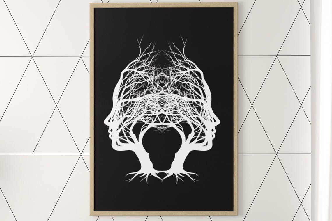 Optical Illusion Tree Woman Face Silhouette Black White Poster