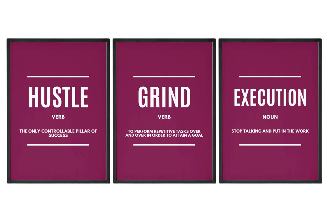 Hustle Grind Execution Three Piece Black White Quote Poster Set - Image 3
