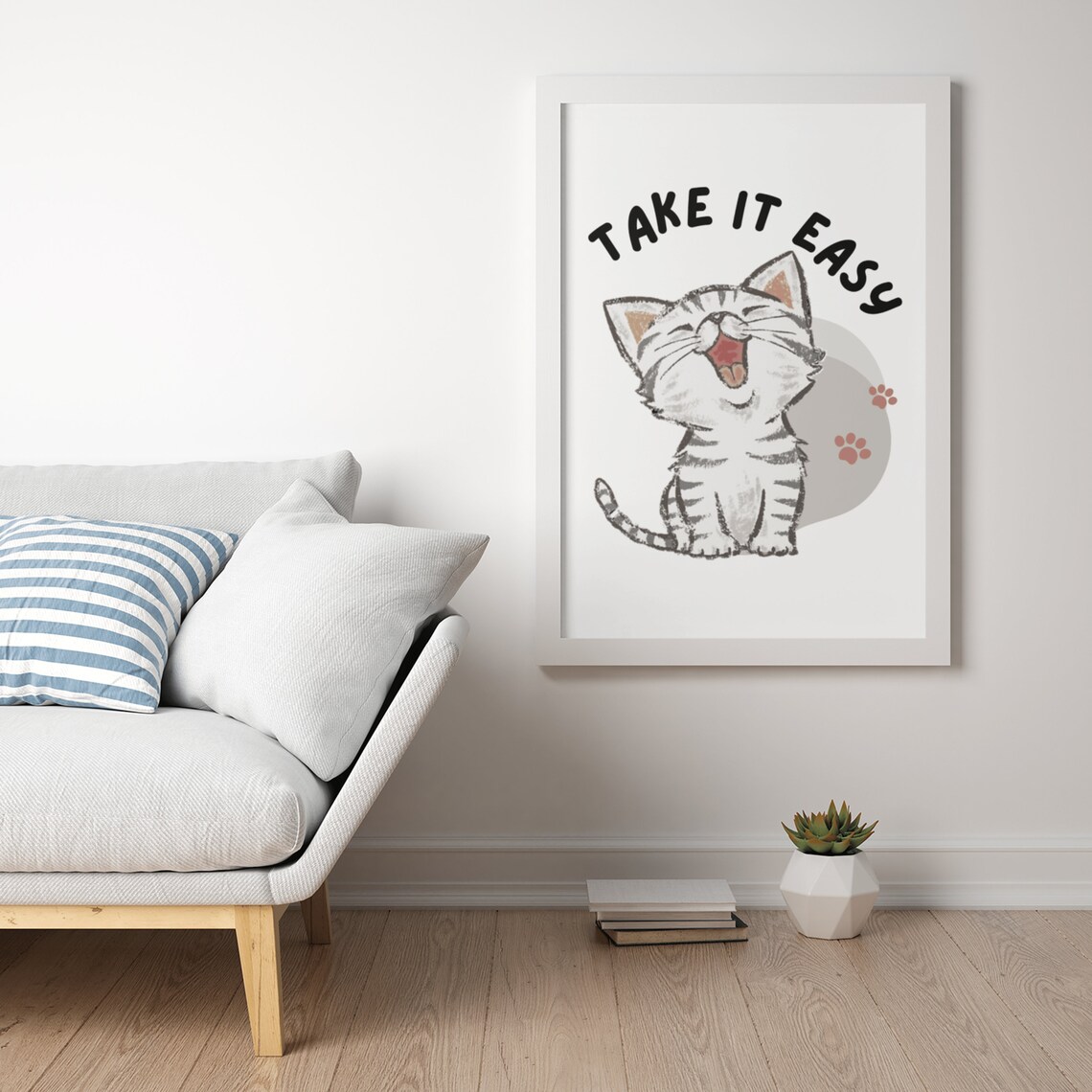 Take It Easy Happy Tabby Cat Illustration Nursery Kids Wall Decor Poster - Image 2