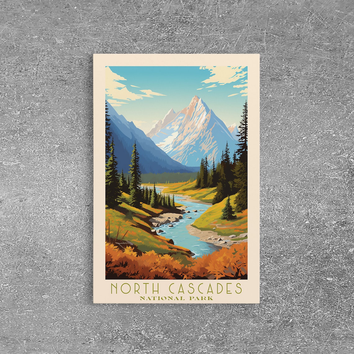 North Cascades National Park Daytime Alpine River Meadow Travel Poster