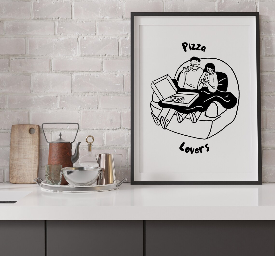 Pizza Lovers Cute Couple Couch Doodle Black White Food Poster - Image 4