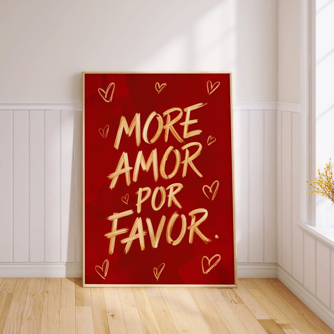 More Amor Por Favor Gold Brush Lettering on Deep Red Love Quote Poster - Image 3