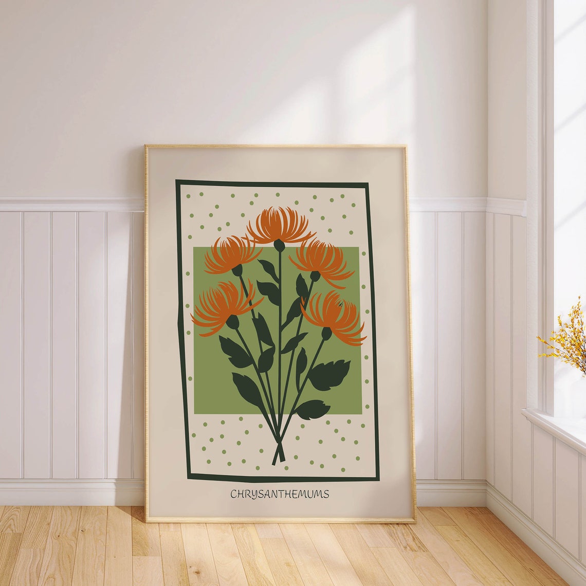 Orange Chrysanthemums Sage Green Background Autumn Floral Poster - Image 3