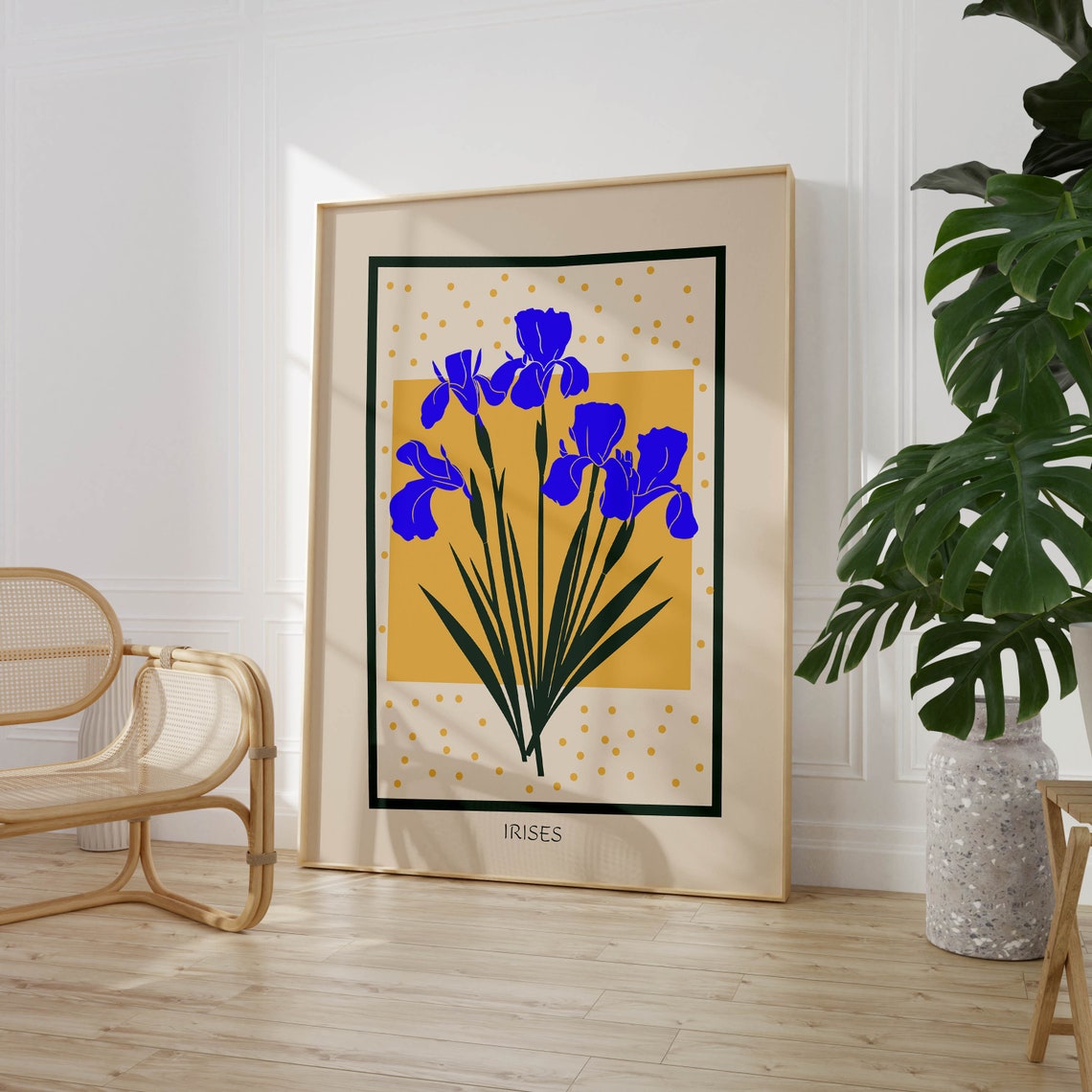 Blue Irises Mustard Background Modern Floral Botanical Poster