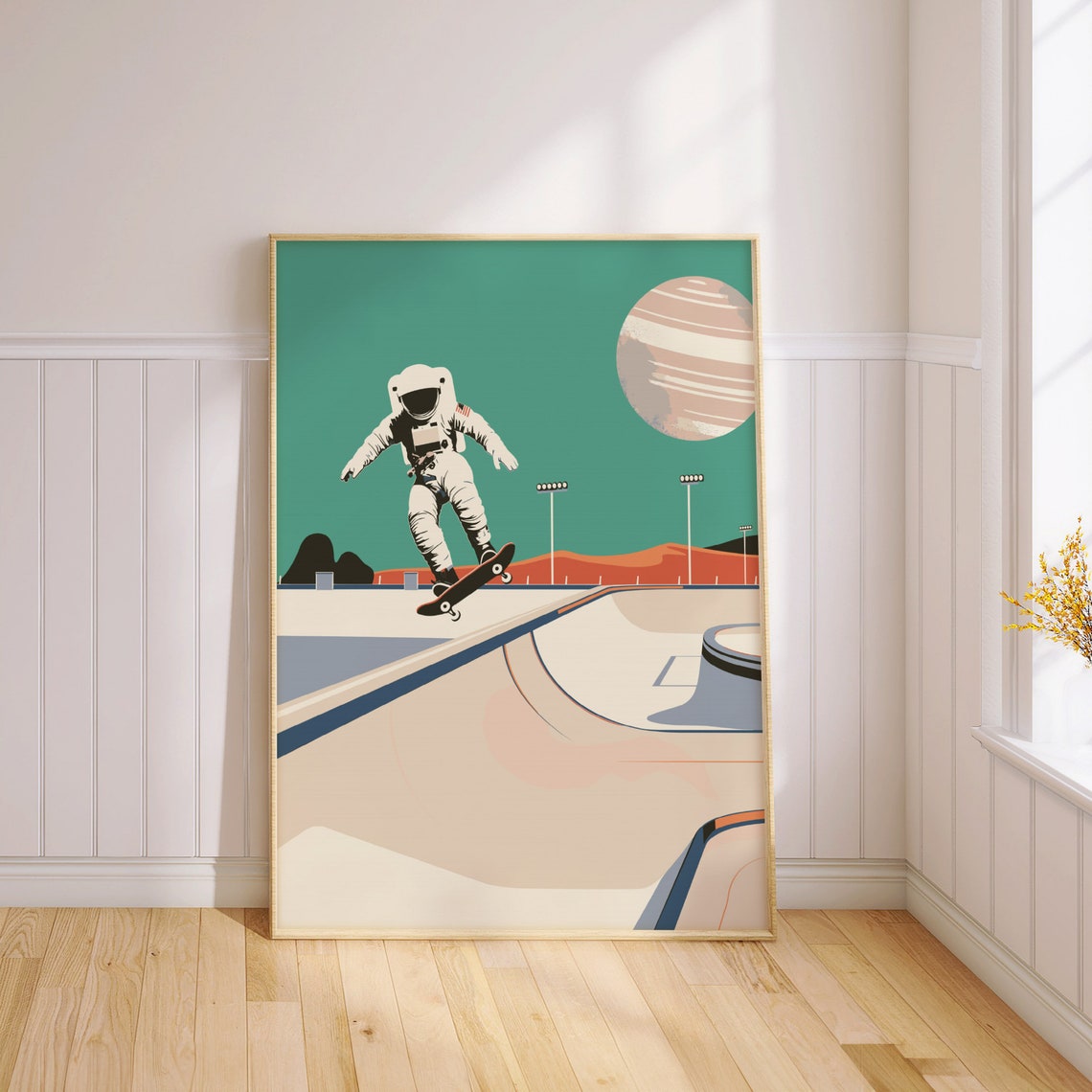 Retro Astronaut Skateboarding a Space Skatepark Under Planet Poster - Image 2