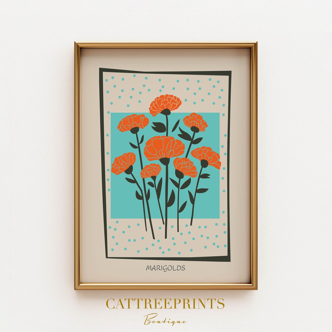Orange Marigolds Turquoise Background Vibrant Botanical Poster - Image 3