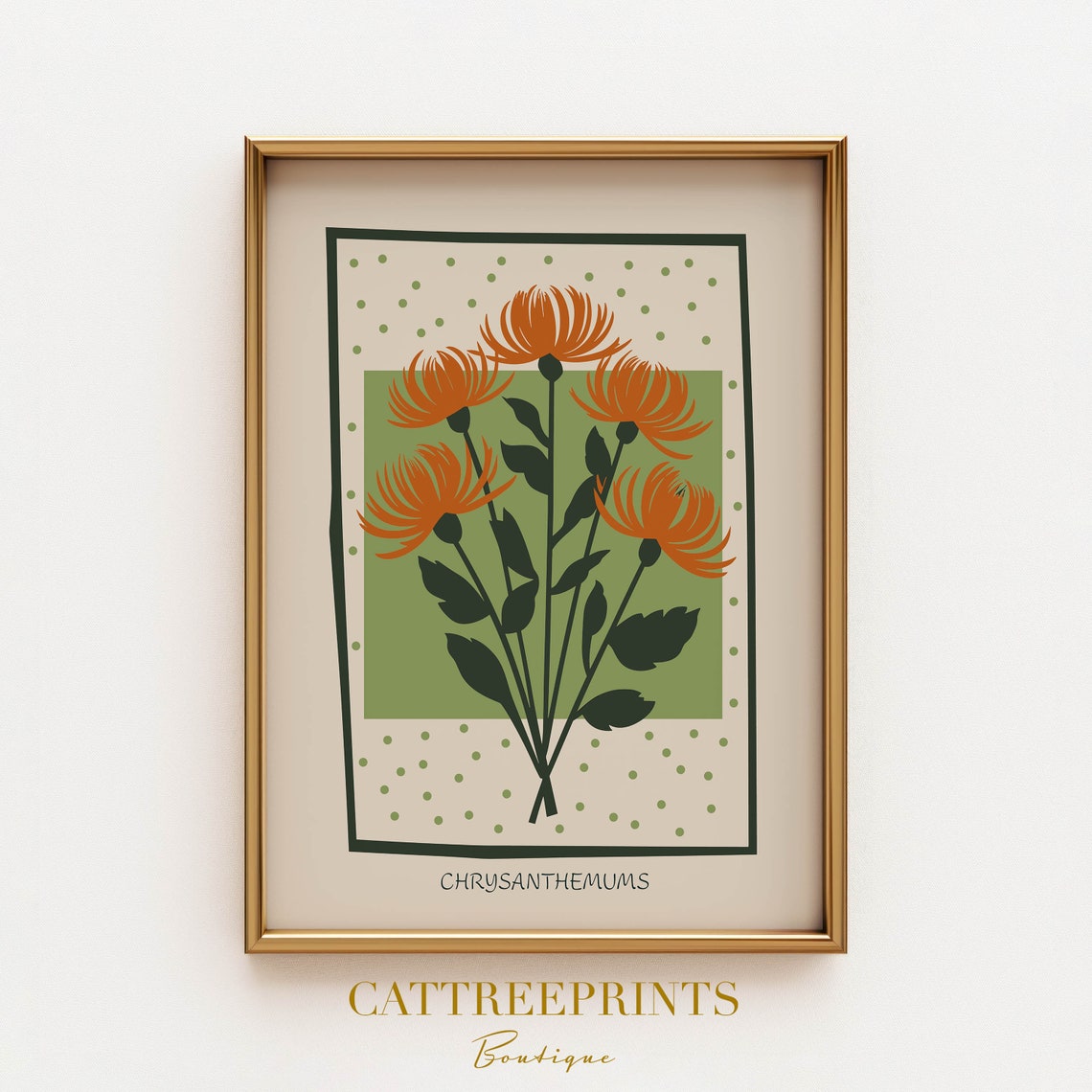 Orange Chrysanthemums Sage Green Background Autumn Floral Poster - Image 2