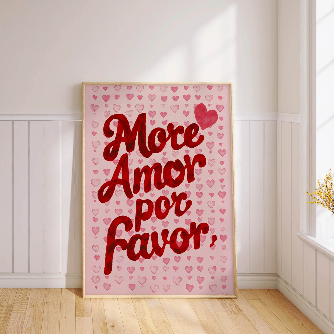 More Amor Por Favor Pink Hearts Red Script Valentine Quote Print