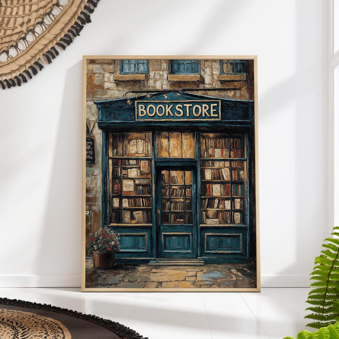 Vintage Blue Bookstore Shop Front Oil Painting Illustration Art Poster