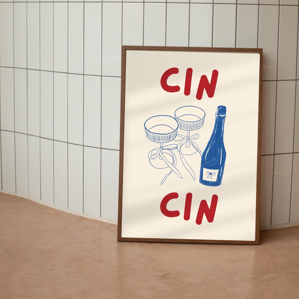 Cin Cin Wine Bow Coupe Glasses Blue Bottle Kitchen Bar Poster - Image 3