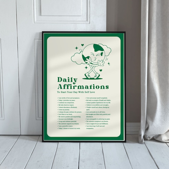 Daily Affirmations Self Love Retro Green Globe Character Poster