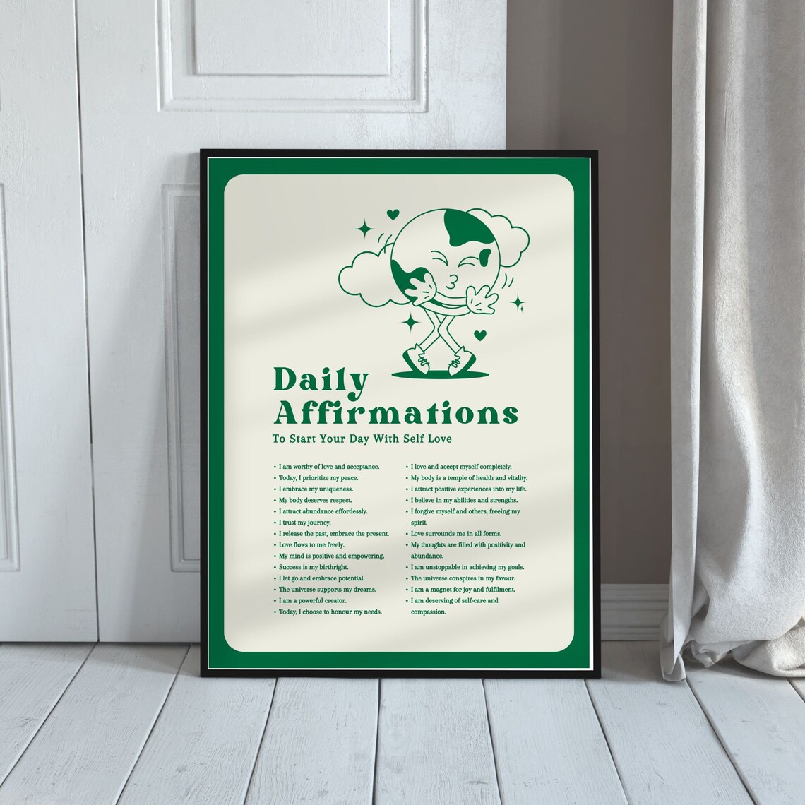 Daily Affirmations Self Love Retro Green Globe Character Poster