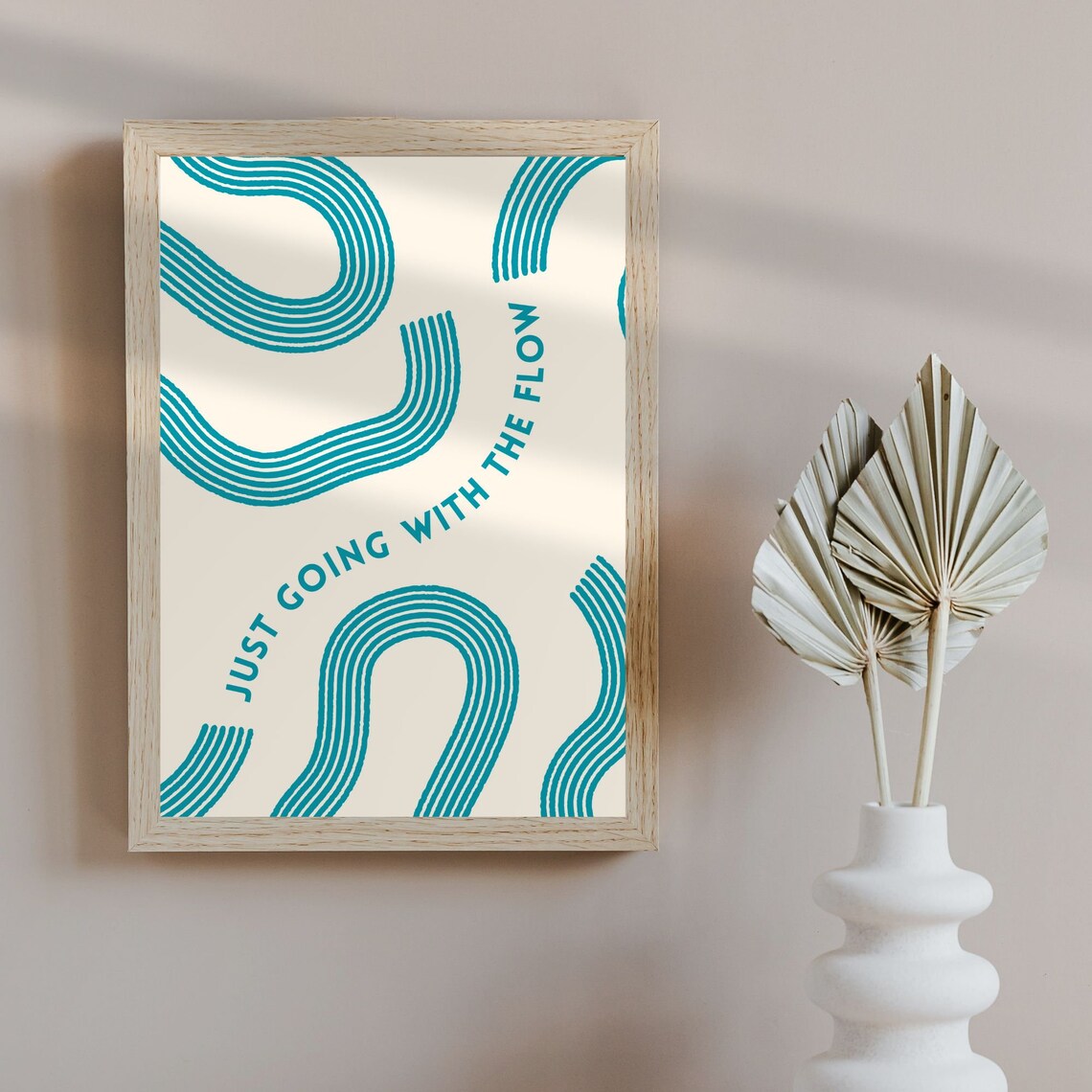Just Going With The Flow Teal Retro Squiggle Quote Art Poster - Image 4