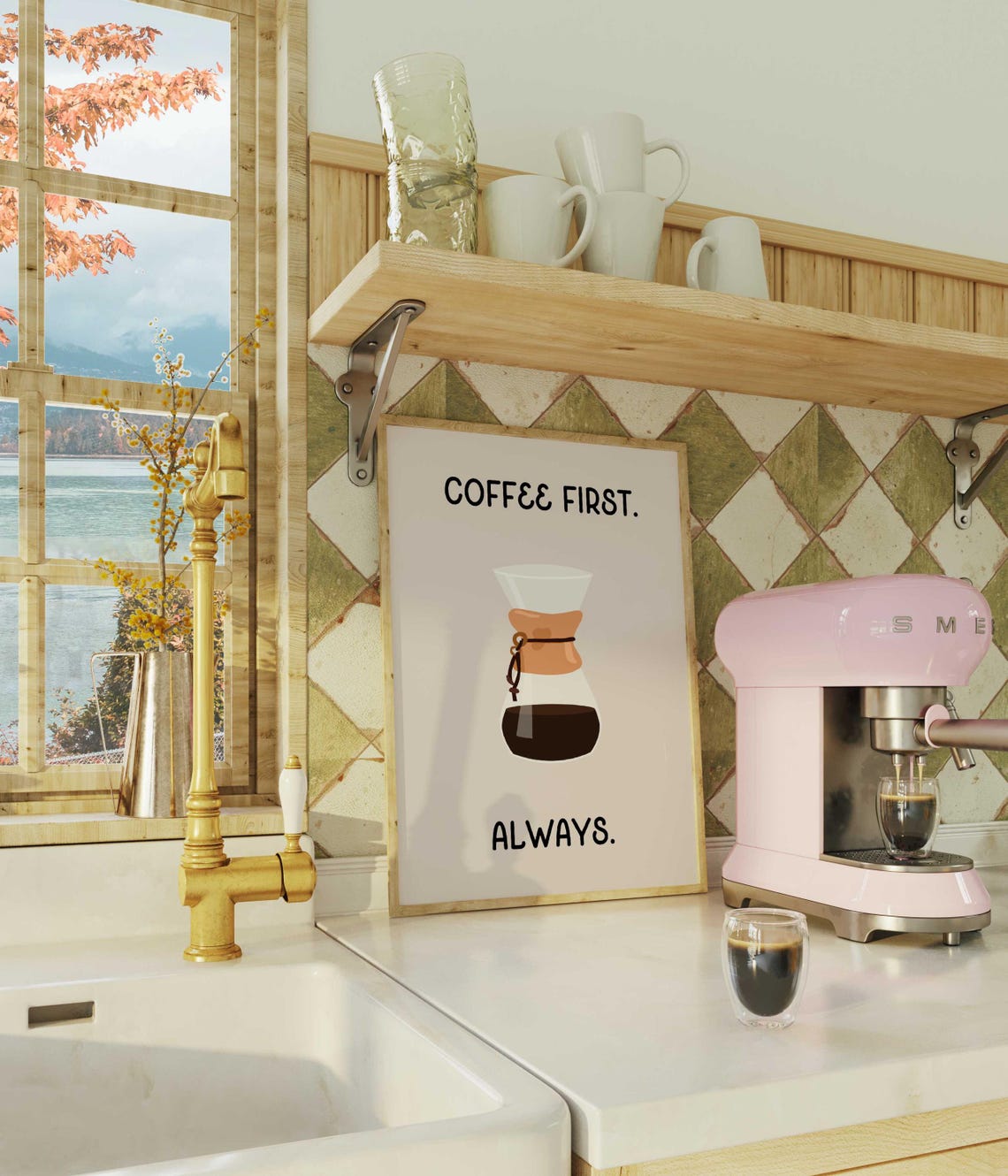 Coffee First Always Chemex Pour Over Beige Minimalist Kitchen Print - Image 2