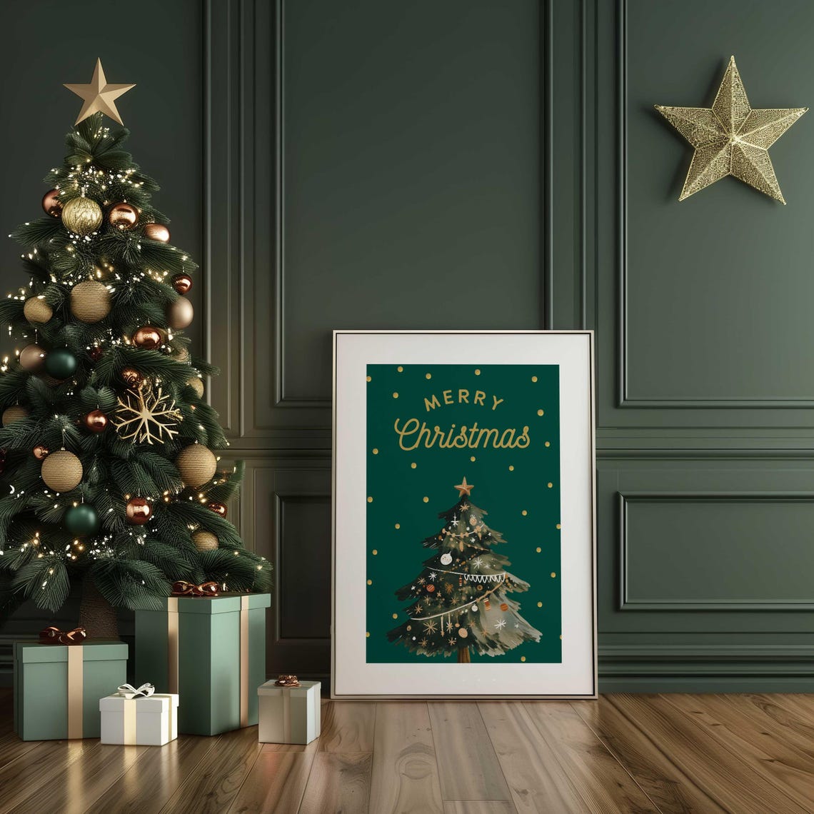 Festive Gold Merry Christmas Script Green Watercolor Tree Poster - Image 3
