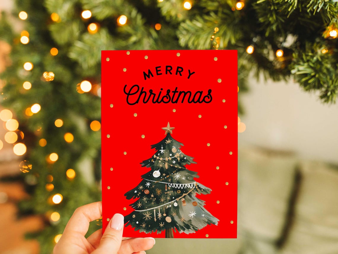 Black Merry Christmas Script Red Watercolor Tree Holiday Poster - Image 4
