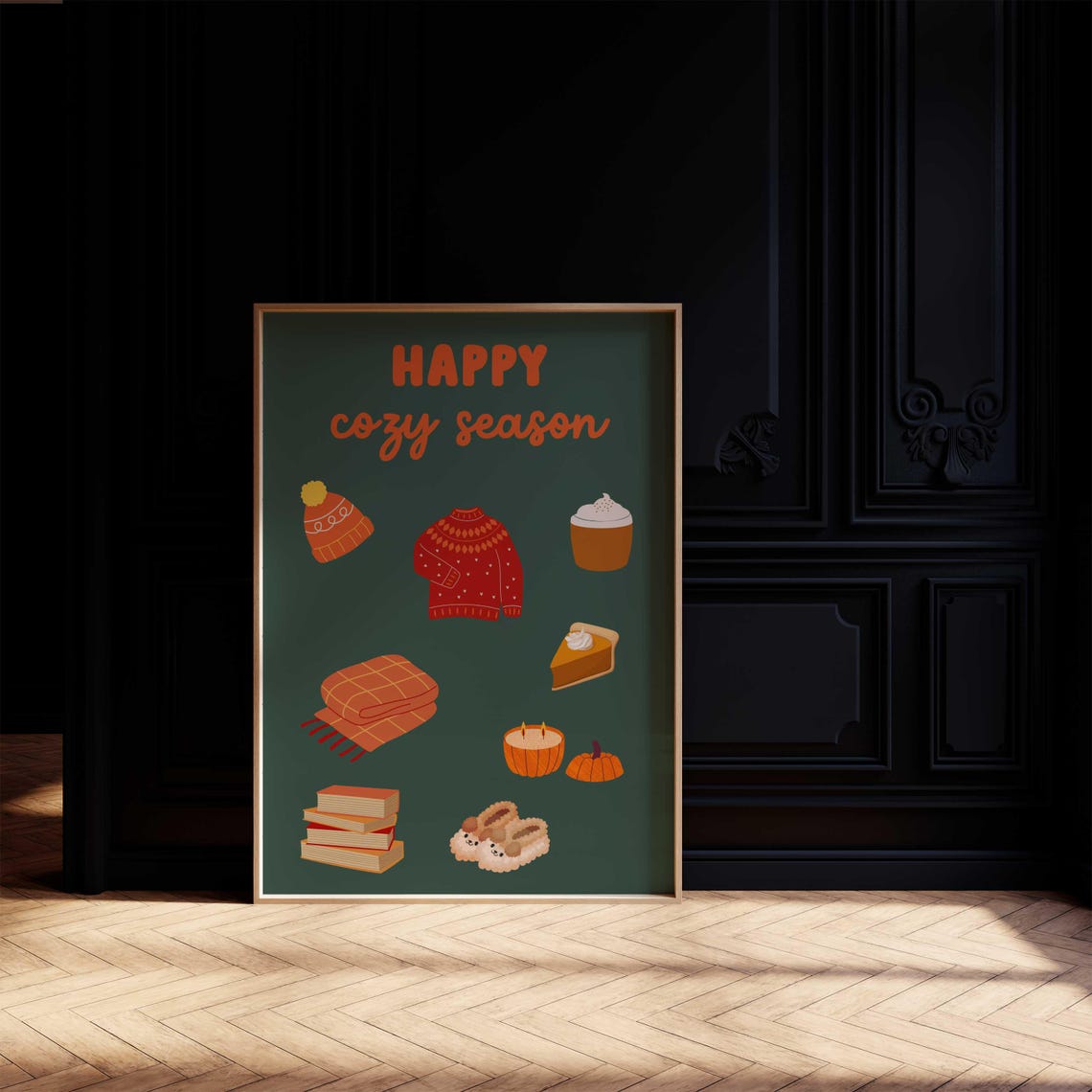 Happy Cozy Season Fall Icons Pumpkin Blanket Dark Green Poster - Image 2