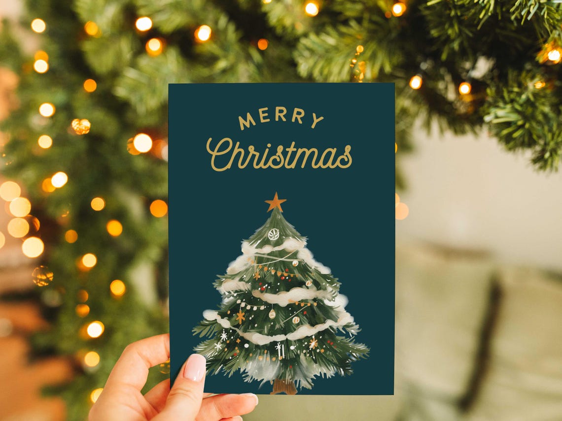 Elegant Gold Merry Christmas Script Teal Snowy Tree Holiday Poster - Image 2
