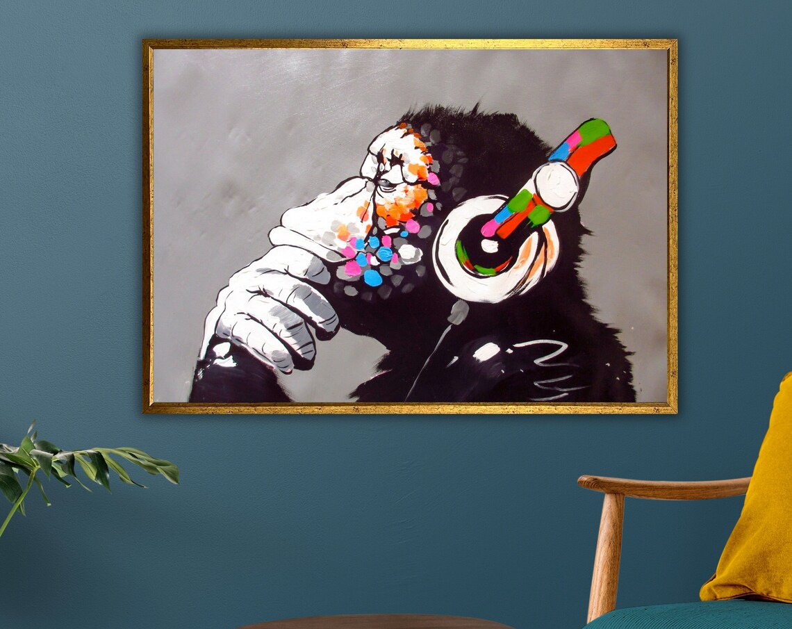 Monkey With Headphones Graffiti Style Street Art Painting Funny Wall Art