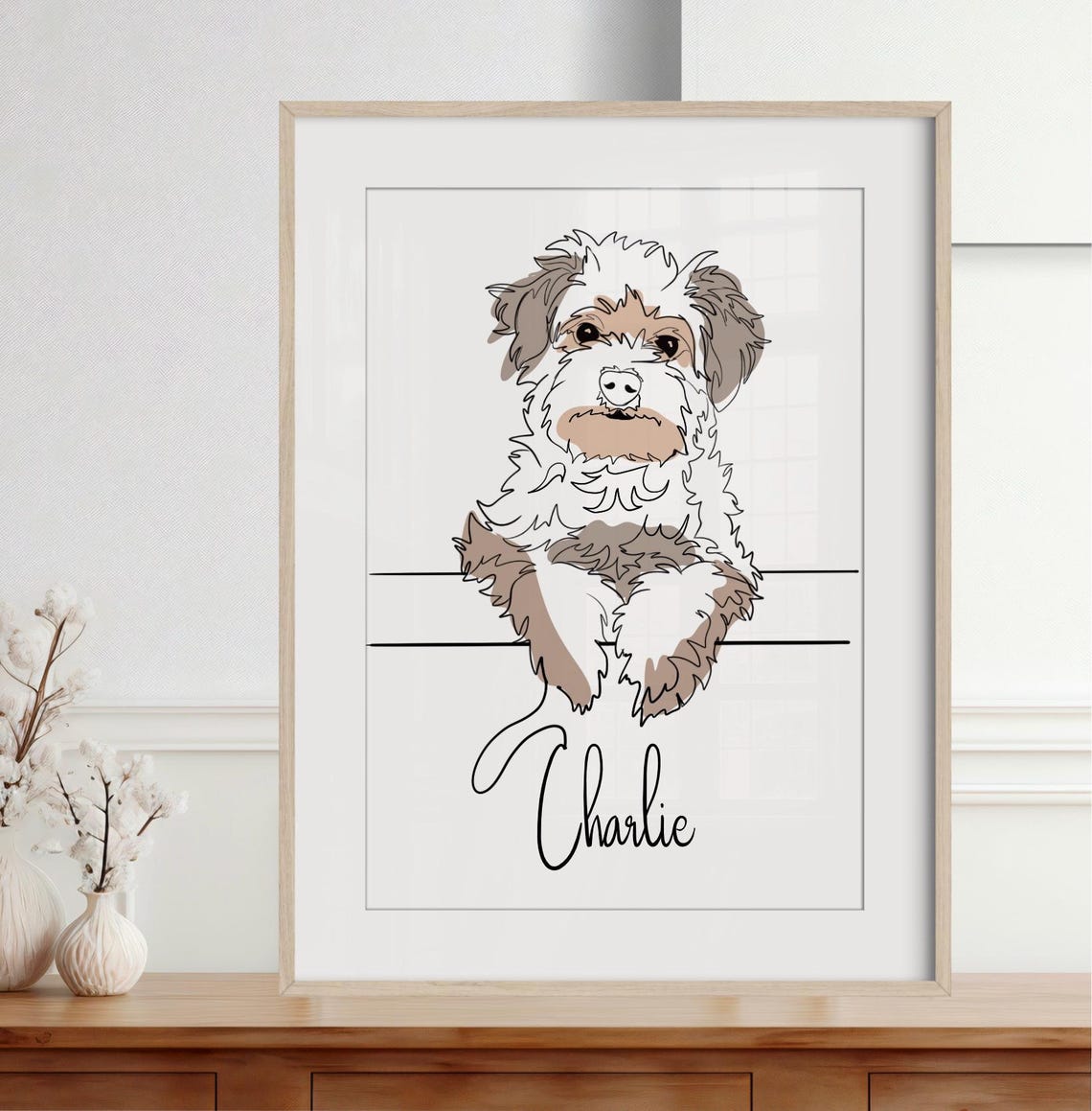 Fluffy Puppy Line Drawing Gray Taupe Custom Pet Portrait Poster - Image 2
