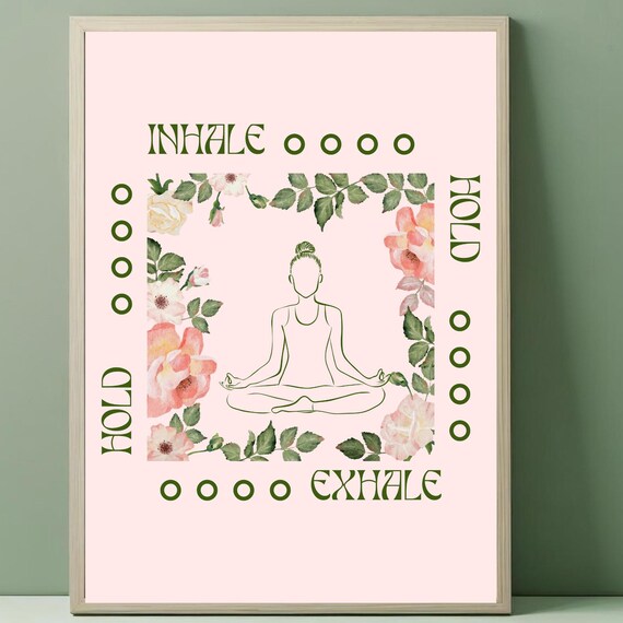 Box Breathing Meditation Floral Poster with Woman Yoga Line Art