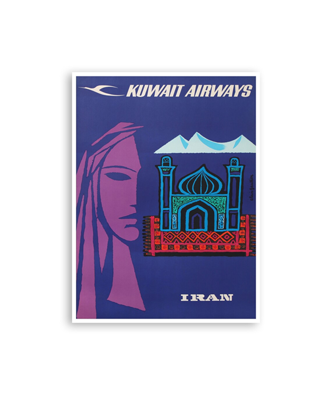 Kuwait Airways Vintage Iran Persian Mosque Art Airline Poster