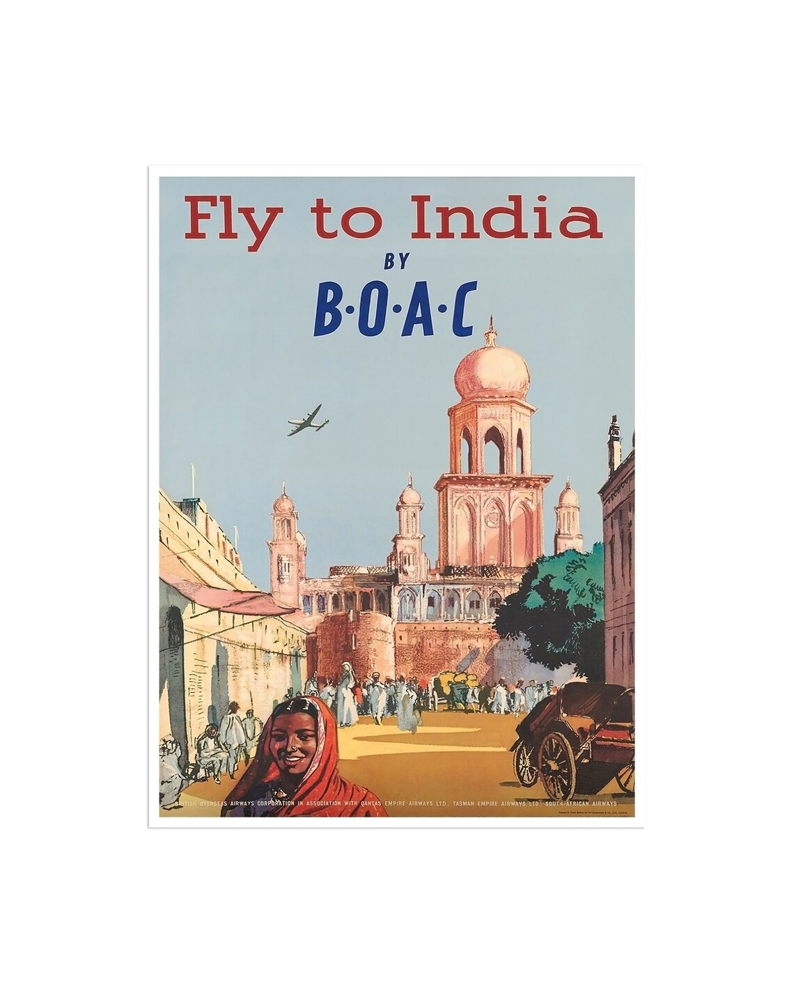 Fly To India BOAC Domed City Street Vintage Airline Travel Poster