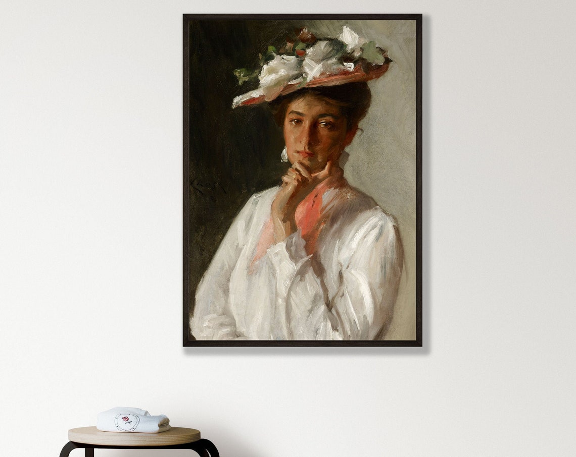 Lady In Floral Hat White Blouse Vintage Portrait Oil Painting Poster - Image 2