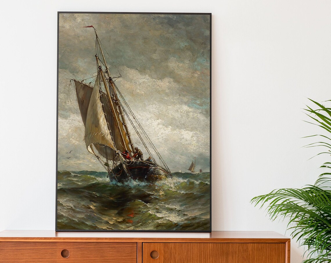 Tall Ship Stormy Sea Dramatic Waves Sailing Schooner Vintage Nautical Art Poster - Image 2