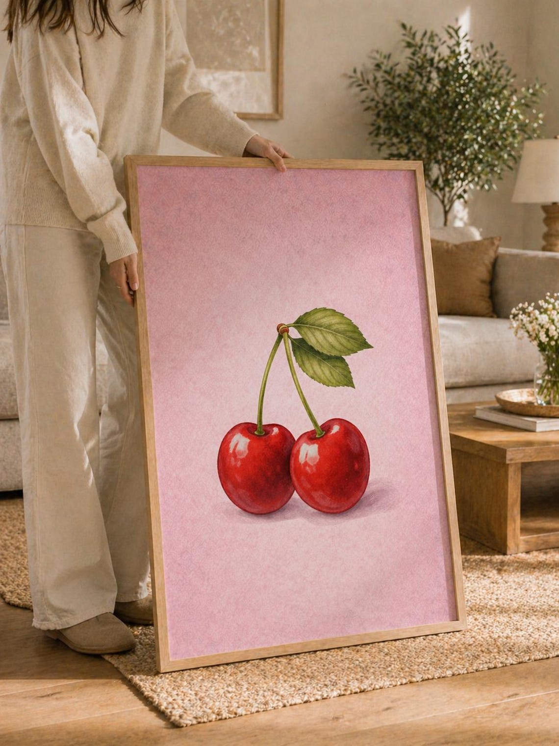 Sweet Red Cherry Pair Botanical Pink Retro Kitchen Fruit Poster