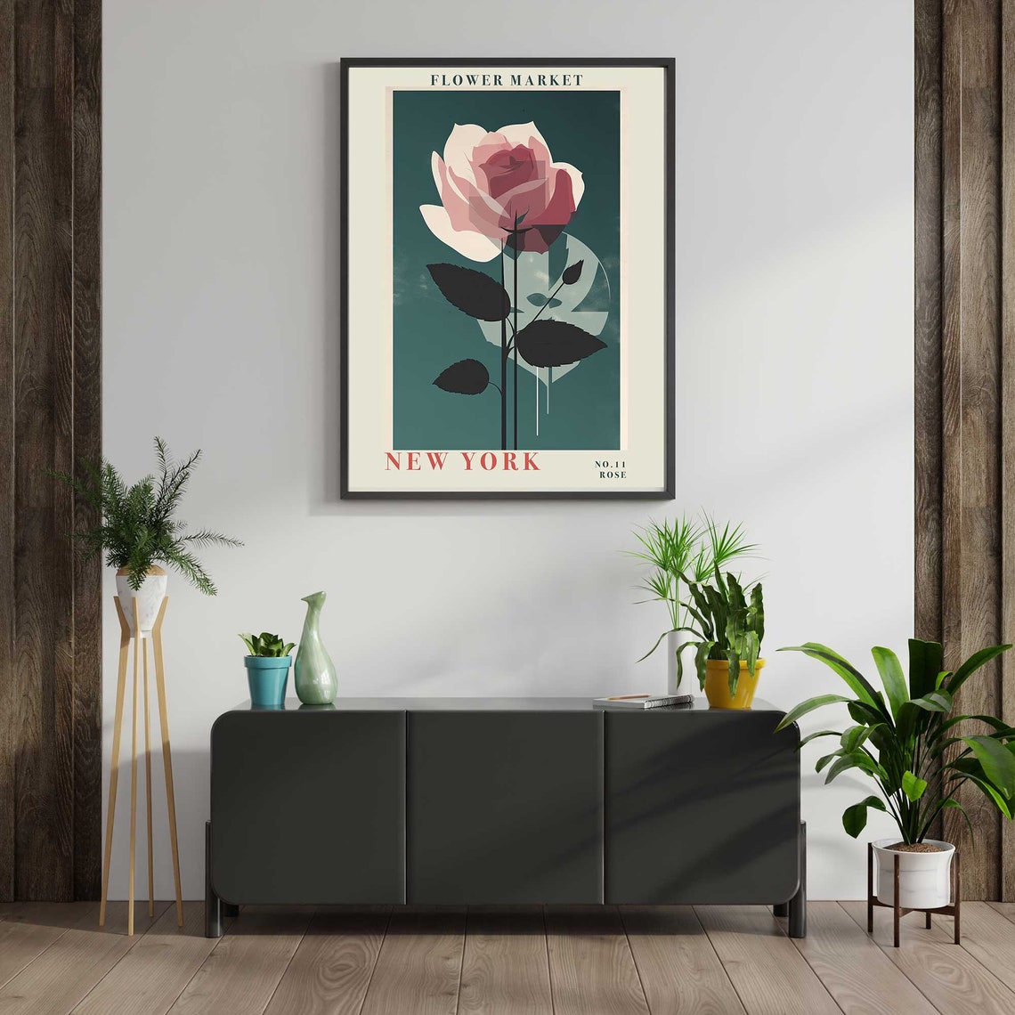 New York Rose Pink Blossom Teal Background Botanical Flower Poster - Image 5