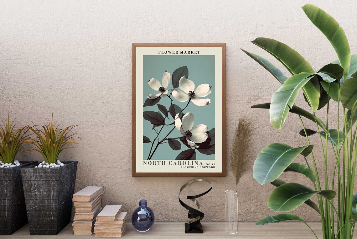 North Carolina Dogwood Blooms on Teal Botanical Flower Market Poster - Image 5