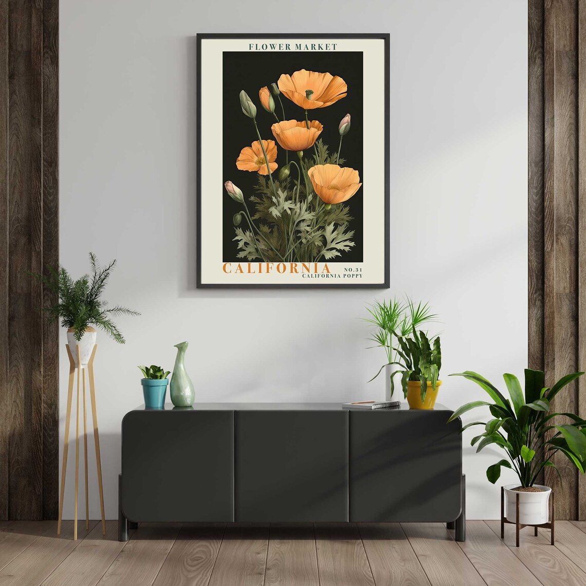 California Poppy Orange Blossoms on Black Botanical Flower Poster - Image 5