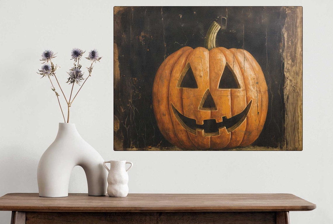 Vintage Jack O Lantern Grinning Pumpkin Dark Halloween Decor Poster - Image 2