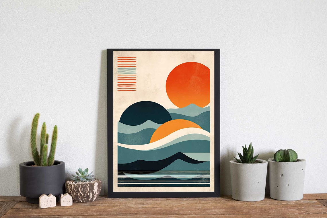 Mid Century Modern Abstract Ocean Sunset With Retro Waves Poster - Image 5