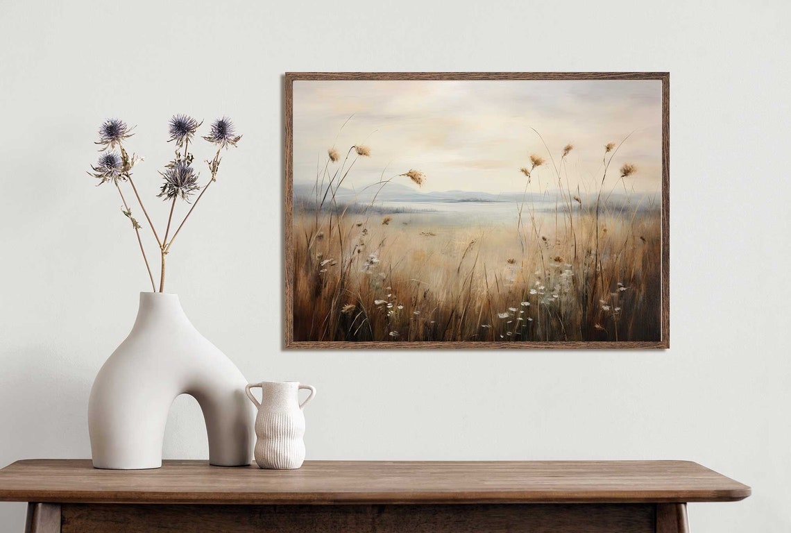 Golden Meadow Wildflowers at Dawn Misty Vintage Landscape Poster - Image 3