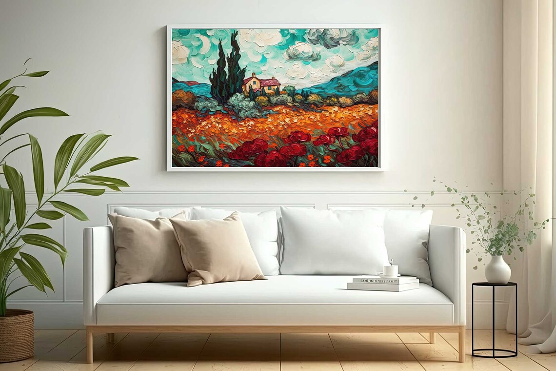 Van Gogh Style Farmhouse Among Cypress Trees Poppy Field Impasto Poster - Image 4