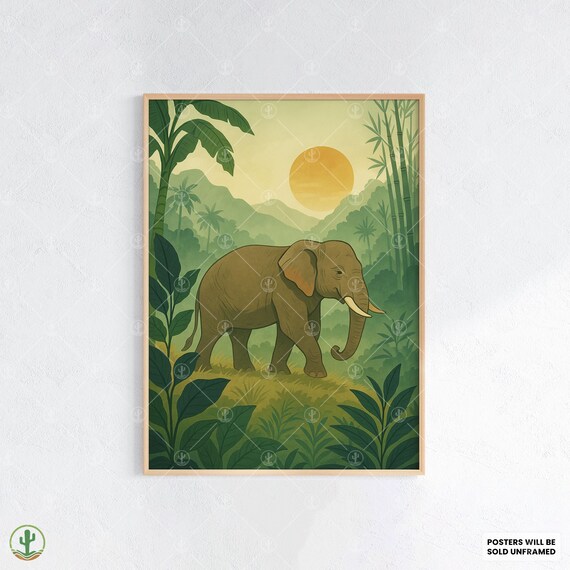 Peaceful Jungle Elephant Wall Art Print Gentle Wildlife Poster With Bamboo Lush Green Foliage Golden Sunset Scene