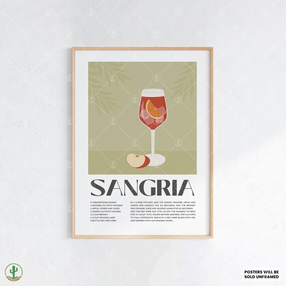 Sangria Cocktail Recipe Red Wine Fruit Illustrated Spanish Drink Poster