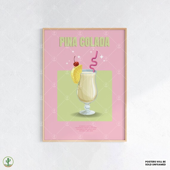 Pina Colada Retro Cocktail Recipe Poster Pink Tropical Bar Art