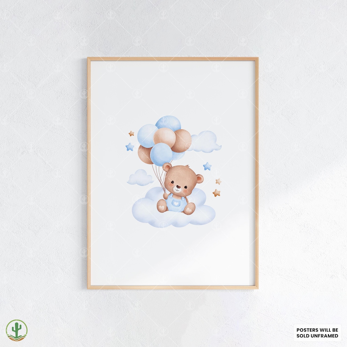 Baby Bear Holding Pastel Balloons Cloud Watercolor Nursery Poster