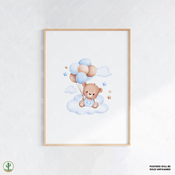 Baby Bear Holding Pastel Balloons Cloud Watercolor Nursery Poster