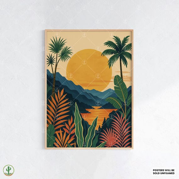 Tropical Sunset Jungle Landscape Wall Art Vibrant Botanical Print With Mountains And Golden Sun