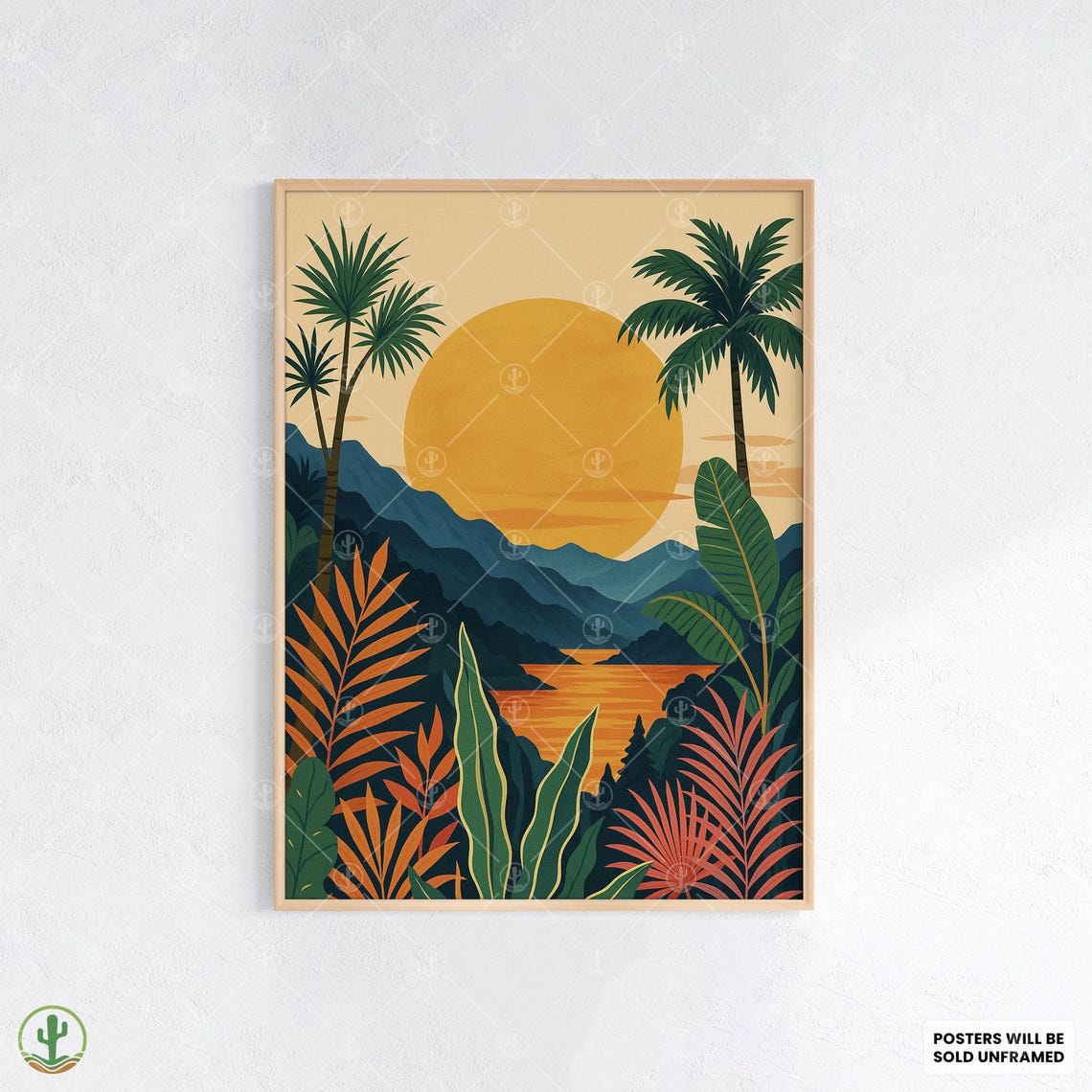 Tropical Jungle Sunset Palm Tree Landscape Botanical Art Poster