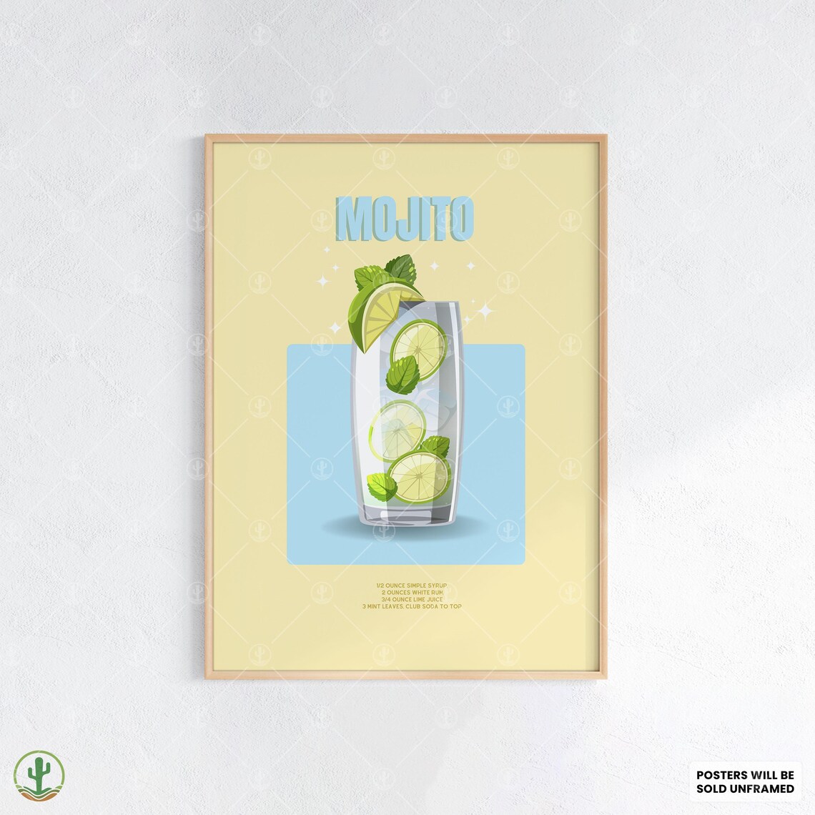 Mojito Lime Mint Yellow Sunshine Tall Glass Cocktail Recipe Poster
