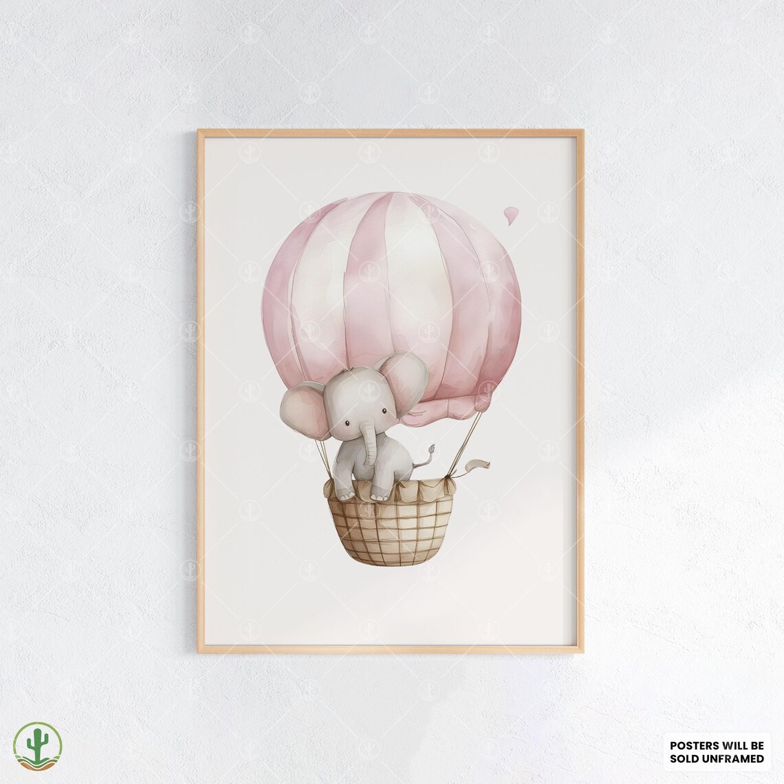 Baby Elephant Pink Hot Air Balloon Watercolor Nursery Poster