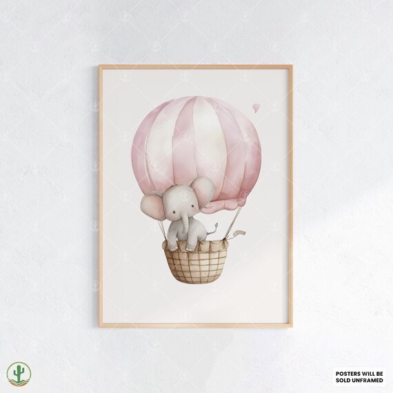 Baby Elephant Pink Hot Air Balloon Watercolor Nursery Poster