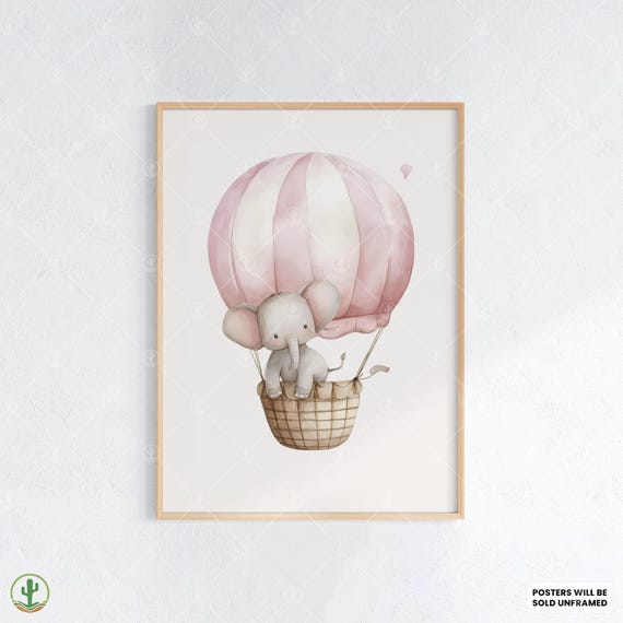 Pink Balloon Elephant Ride Nursery Wall Art Print Cute Baby Room Decor Animal Kids Poster