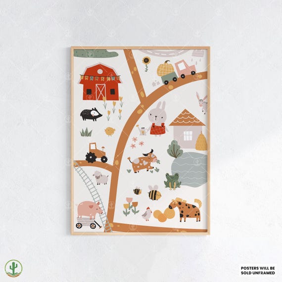 Farm Animals Map Poster Nursery Wall Art Print Cute Baby Room Decor Animal Kids